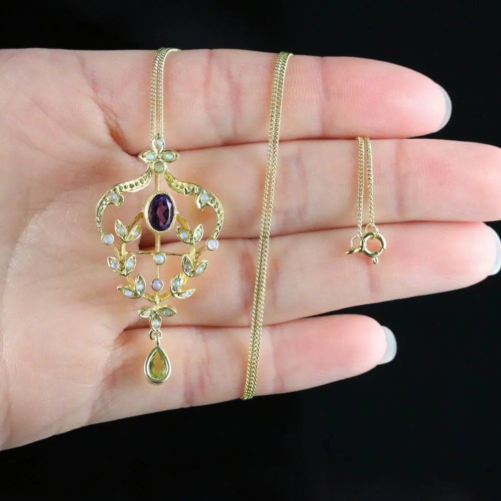 Suffragette Style Pendant Necklace Amethyst Opal Peridot Silver 18Ct Gold Gilt