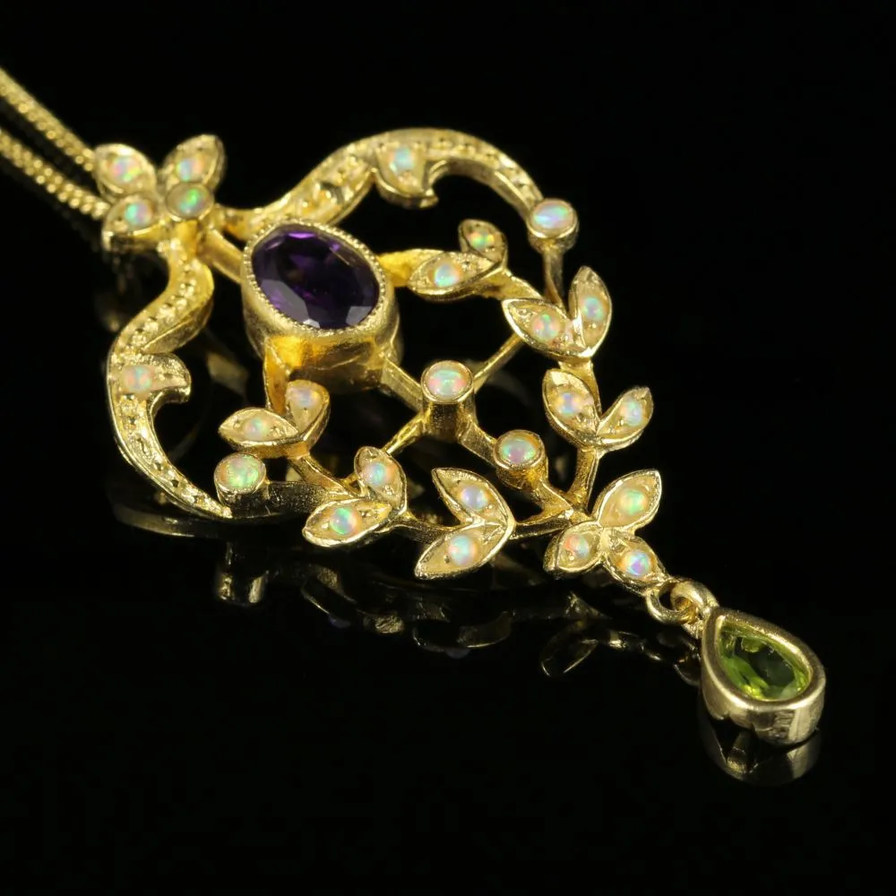 Suffragette Style Pendant Necklace Amethyst Opal Peridot Silver 18Ct Gold Gilt