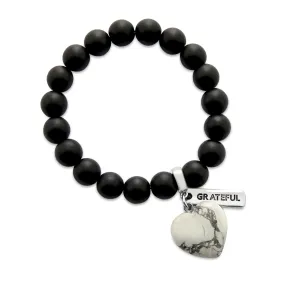 SWEETHEART Bracelet - 10mm MATT BLACK ONYX stone beads with WHITE MARBLE Heart & Word Charm