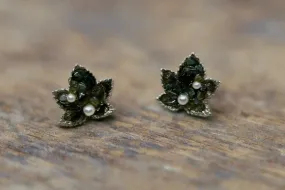 Swoboda Jade Green Leaf and Pearl Clip Earrings