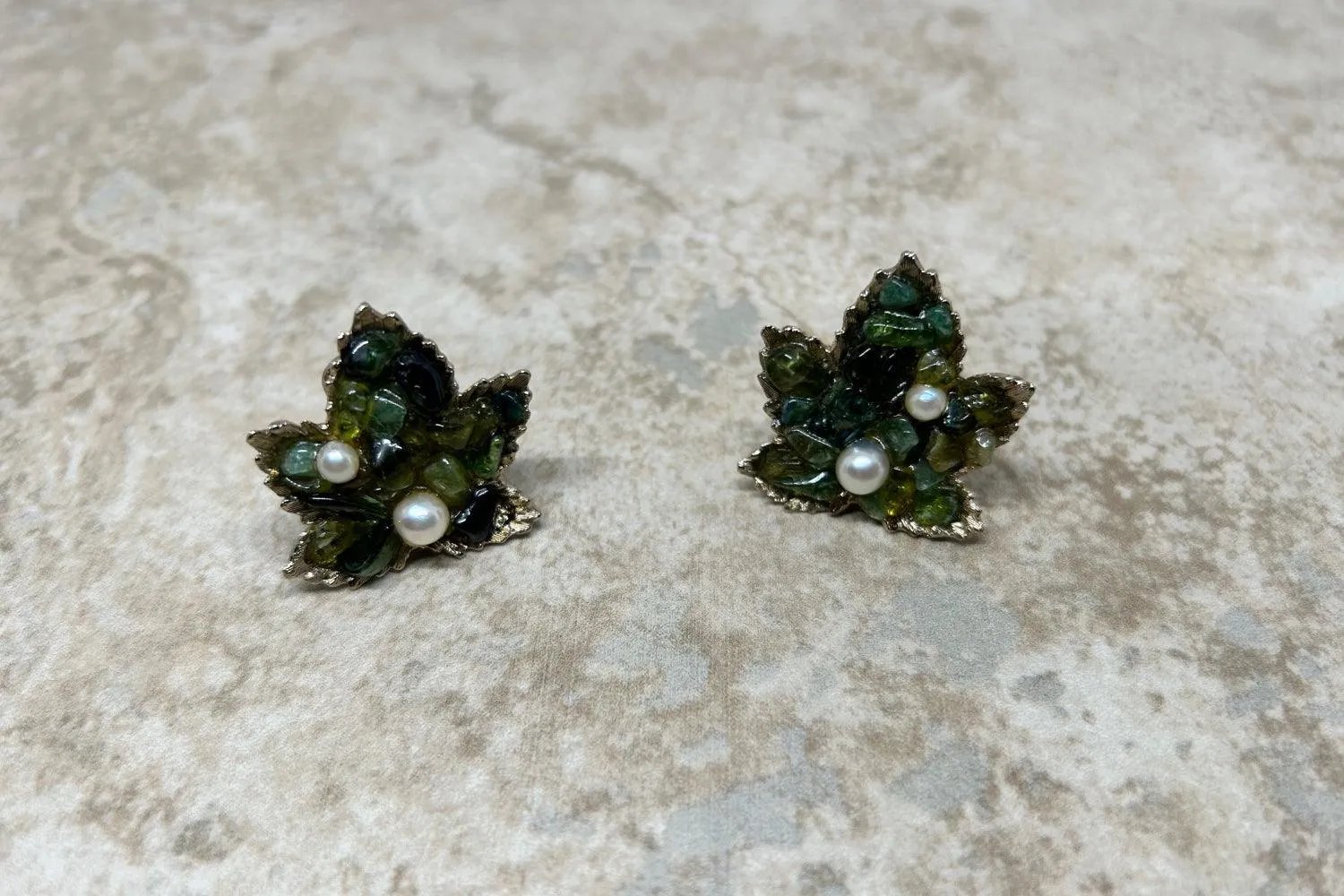 Swoboda Jade Green Leaf and Pearl Clip Earrings