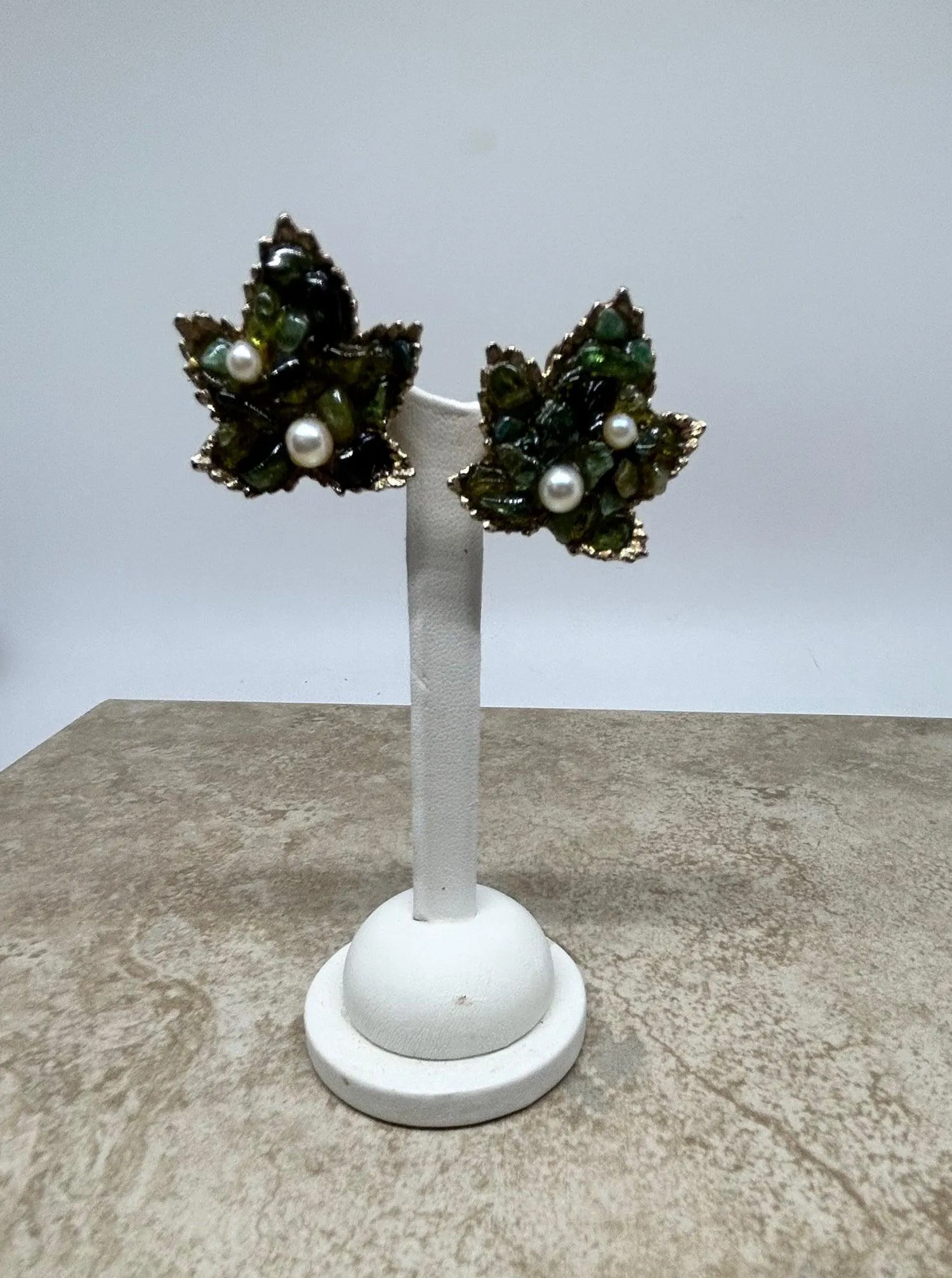 Swoboda Jade Green Leaf and Pearl Clip Earrings