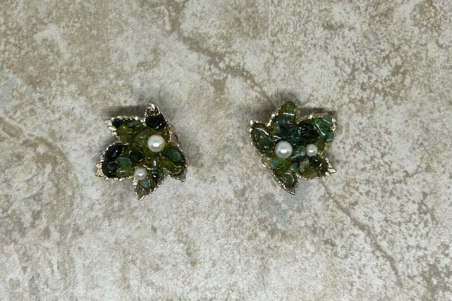 Swoboda Jade Green Leaf and Pearl Clip Earrings