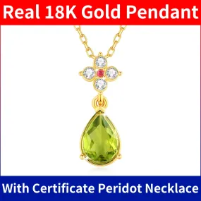 Szjinao 100% 18K Gold Peridot Necklace 7*10mm Natural Stone Teardrop K Gold Pendant Wedding Jewelry For Women With Certified New