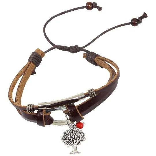 Tree of  Life  Charm Leather Adjustable Bracelet w/Meaningful Good Luck Huayruro Seeds