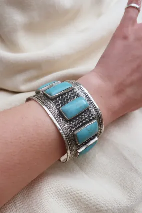 Turkish Silver Plated Brass Bangle with a Reconstituted Turquoise Sequence