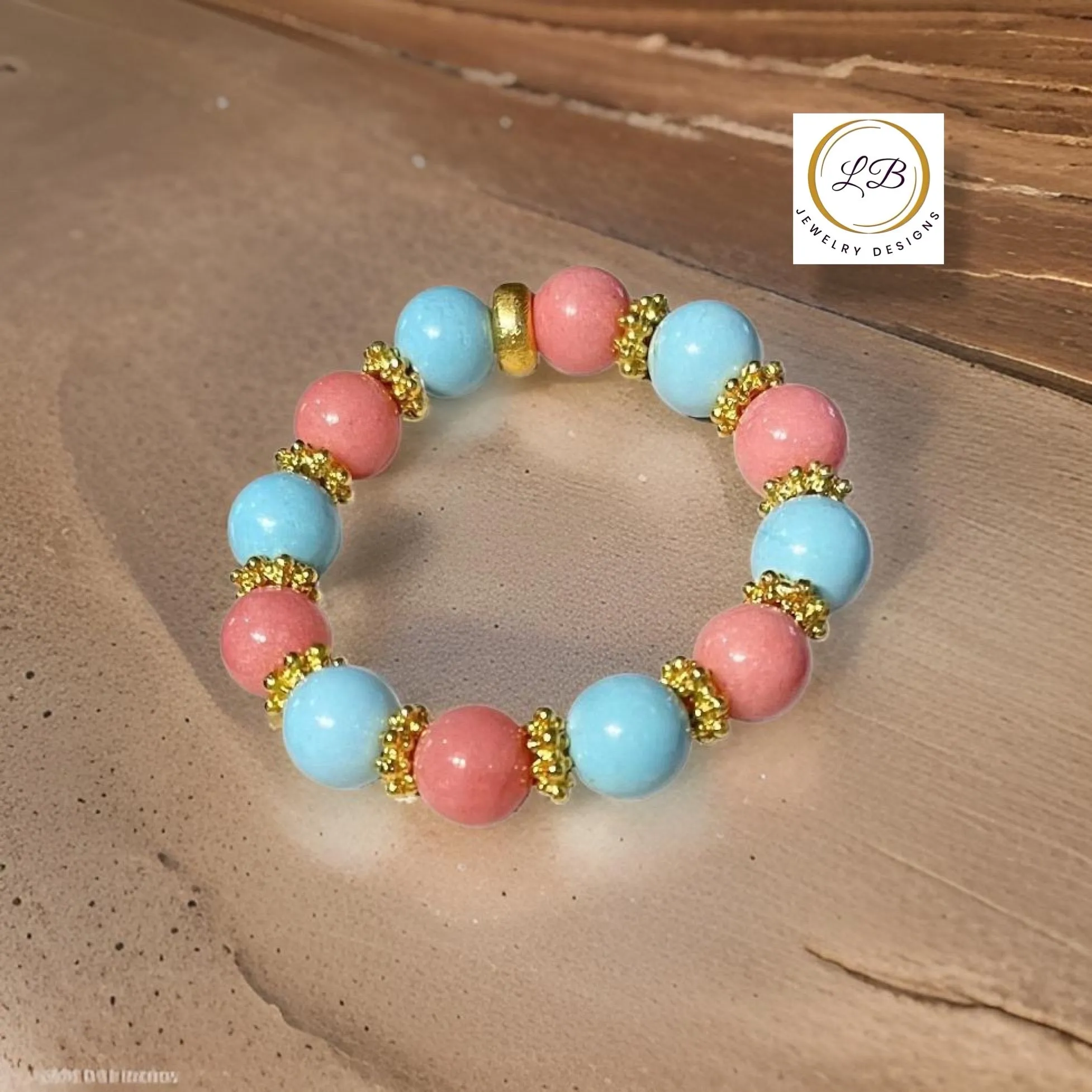 Turquoise & Rhodochrosite Gemstone Gold Beaded Bracelet