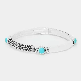 Turquoise Colored Stone Embossed Metal Stretch Bracelet