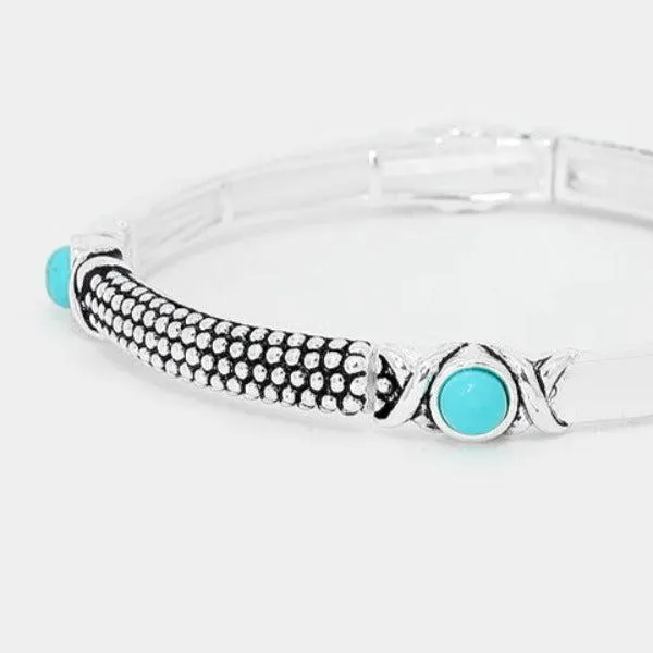 Turquoise Colored Stone Embossed Metal Stretch Bracelet