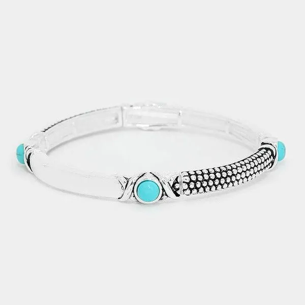 Turquoise Colored Stone Embossed Metal Stretch Bracelet