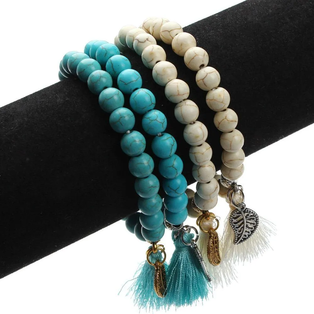 Turquoise Tassel Leaf Charm Bracelet