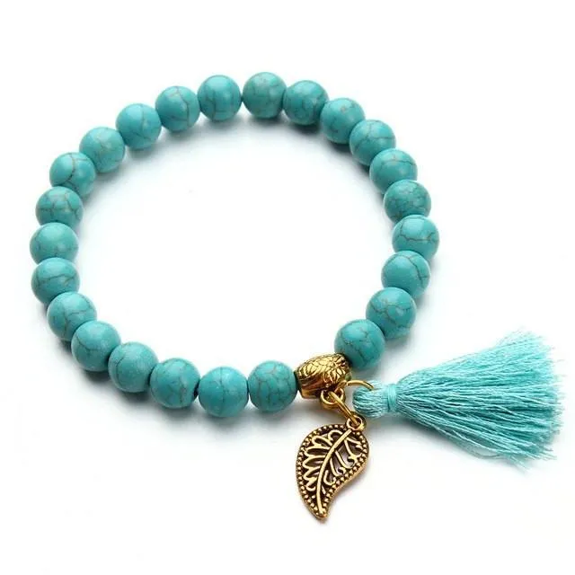 Turquoise Tassel Leaf Charm Bracelet