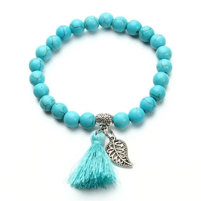 Turquoise Tassel Leaf Charm Bracelet