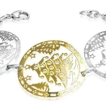 Two Tone Christmas Tree Stainless Steel and 18k Gold Medallion Bracelet