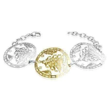 Two Tone Christmas Tree Stainless Steel and 18k Gold Medallion Bracelet