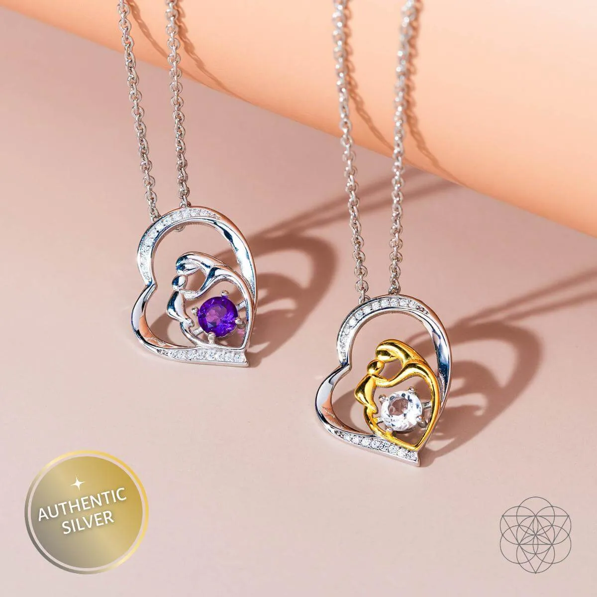 Unbreakable Bond - Mother & Child Crystal Heart Pendant with Amethyst