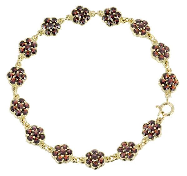 Victorian Flowers Bohemian Garnet Bracelet in Sterling Silver with Yellow Gold Vermeil