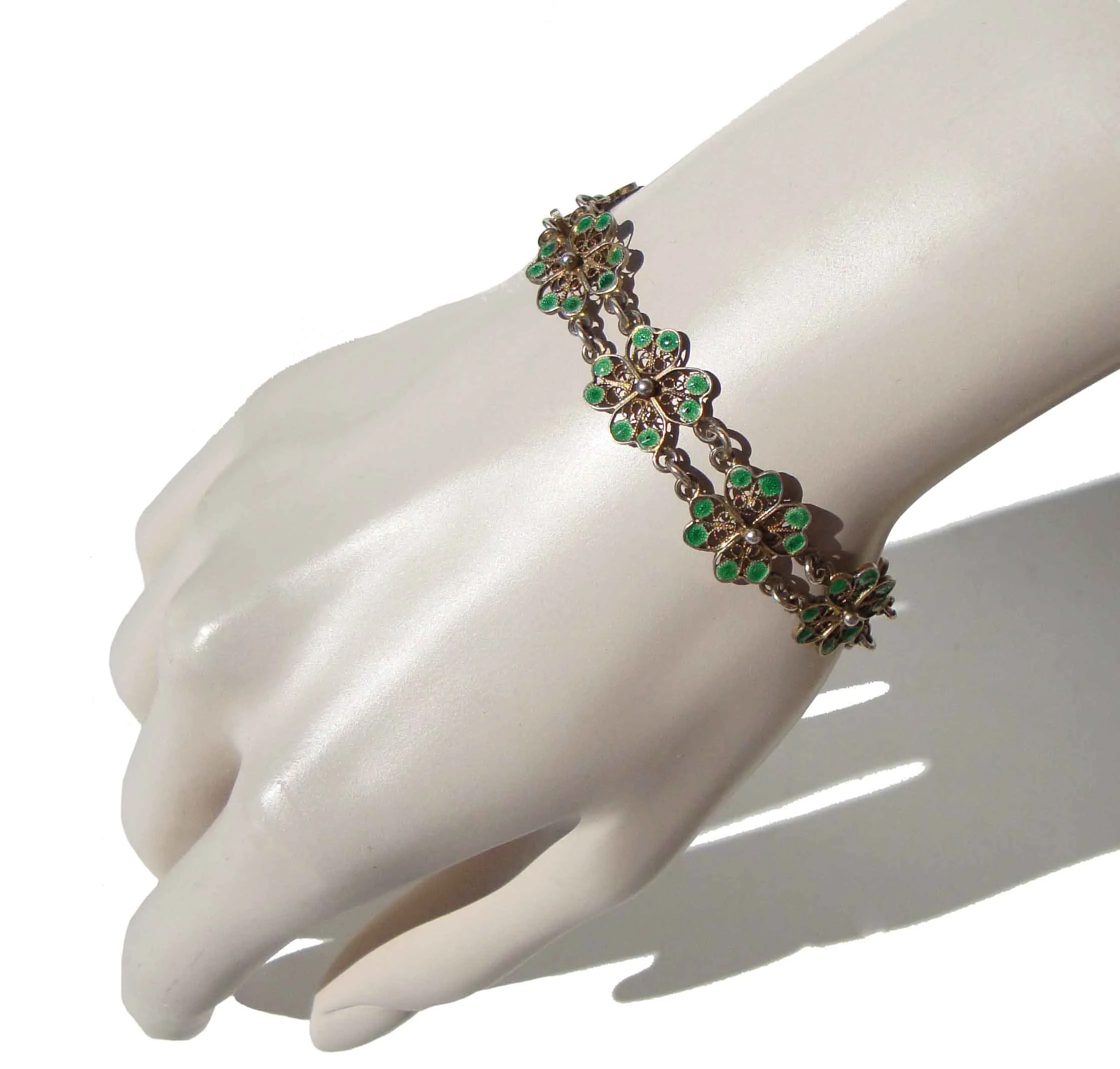 Vintage 40s Bracelet Gilt 800 Silver Green Enamel Filigree