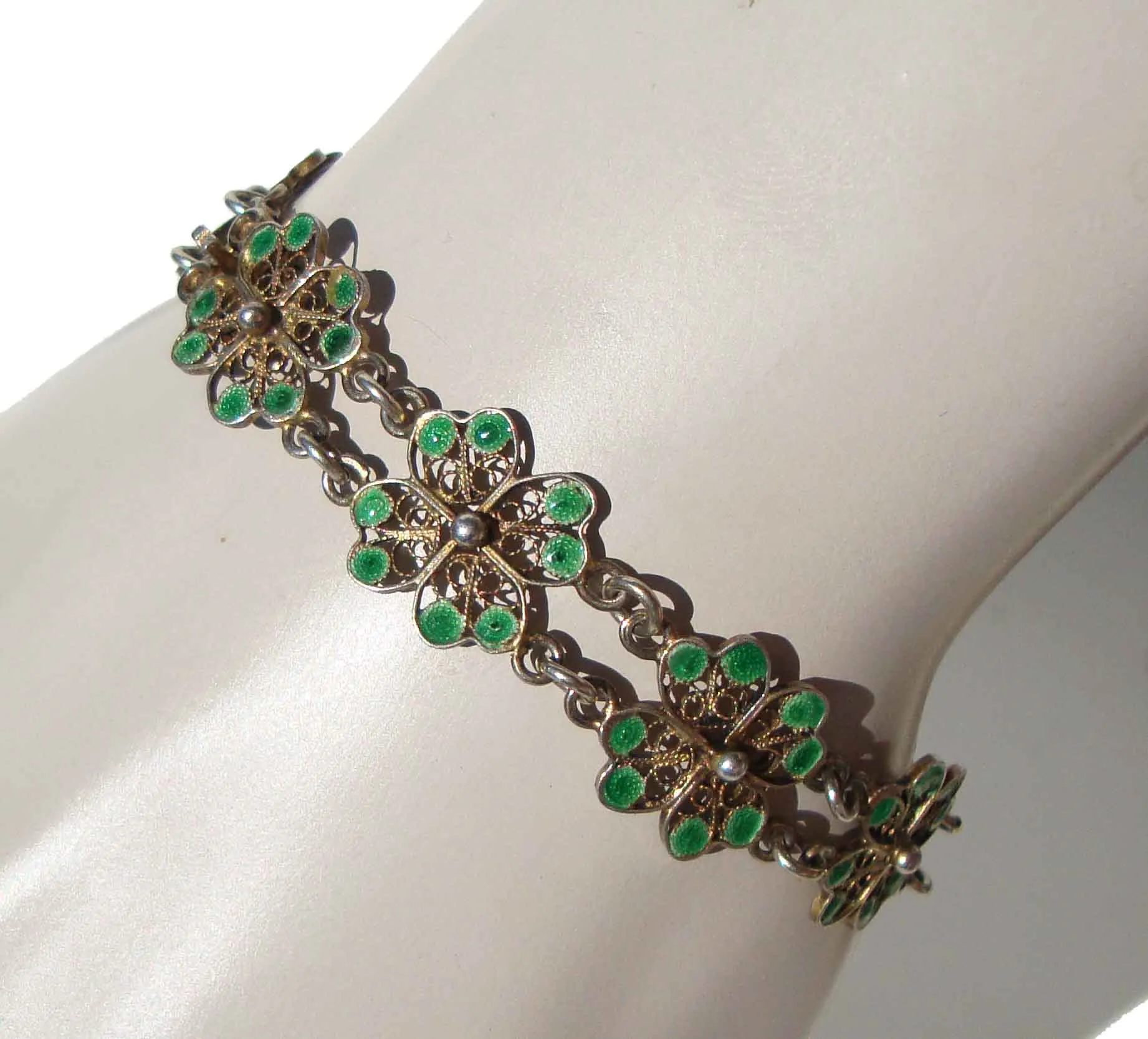 Vintage 40s Bracelet Gilt 800 Silver Green Enamel Filigree