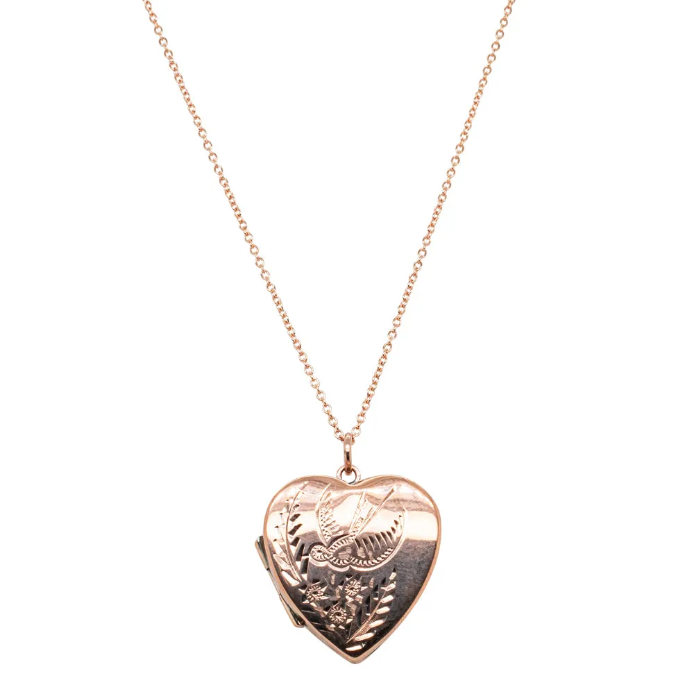 Vintage 9ct Rose Gold Pheasant & Flowers Heart Locket