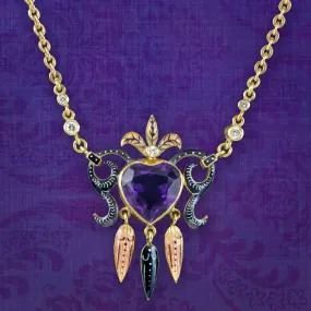 Vintage Amethyst Heart Diamond Enamel Necklace 18ct Gold Dated 1978