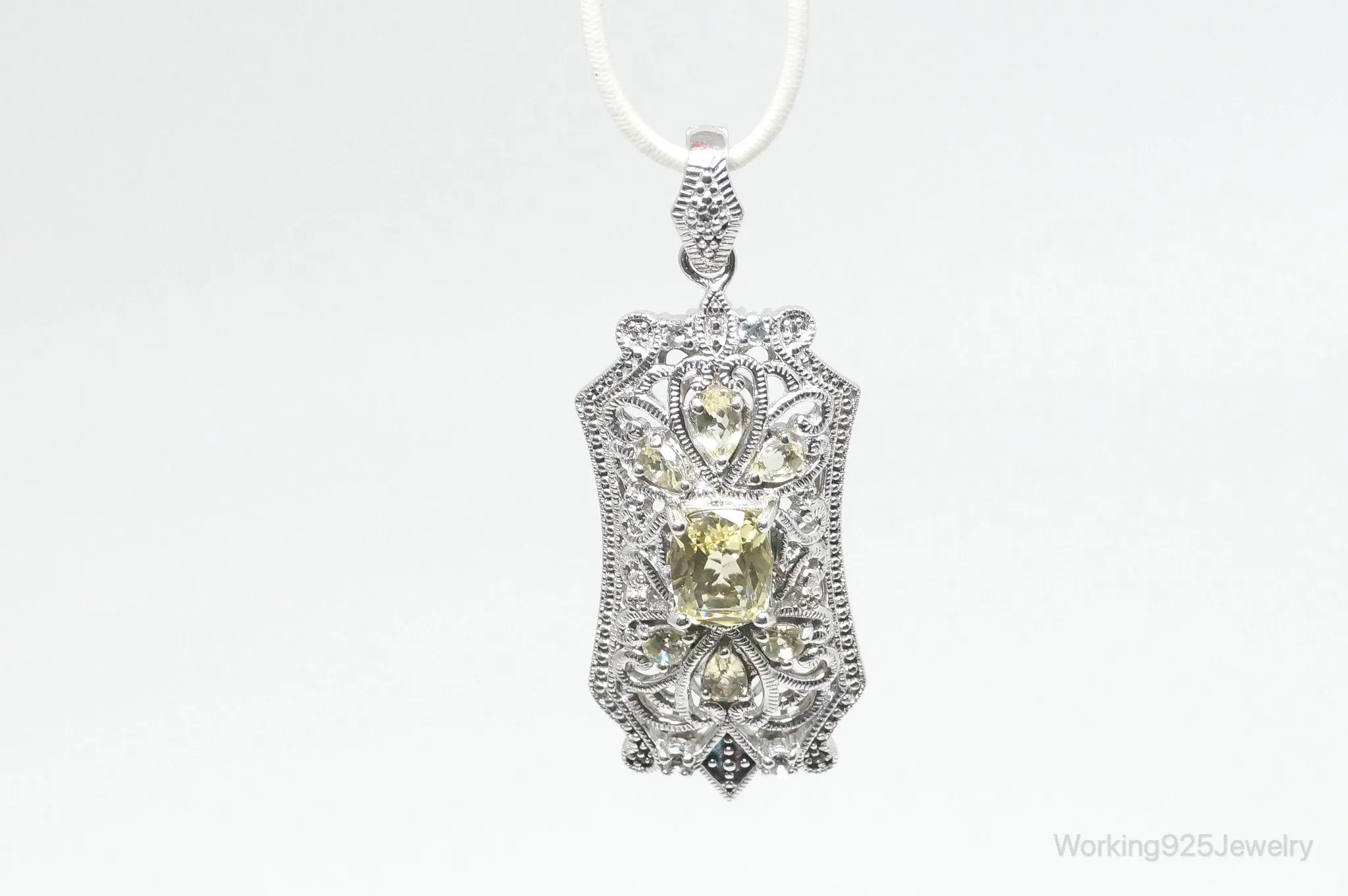 Vintage Art Deco Cubic Zirconia Peridot Sterling Silver Necklace Pendant