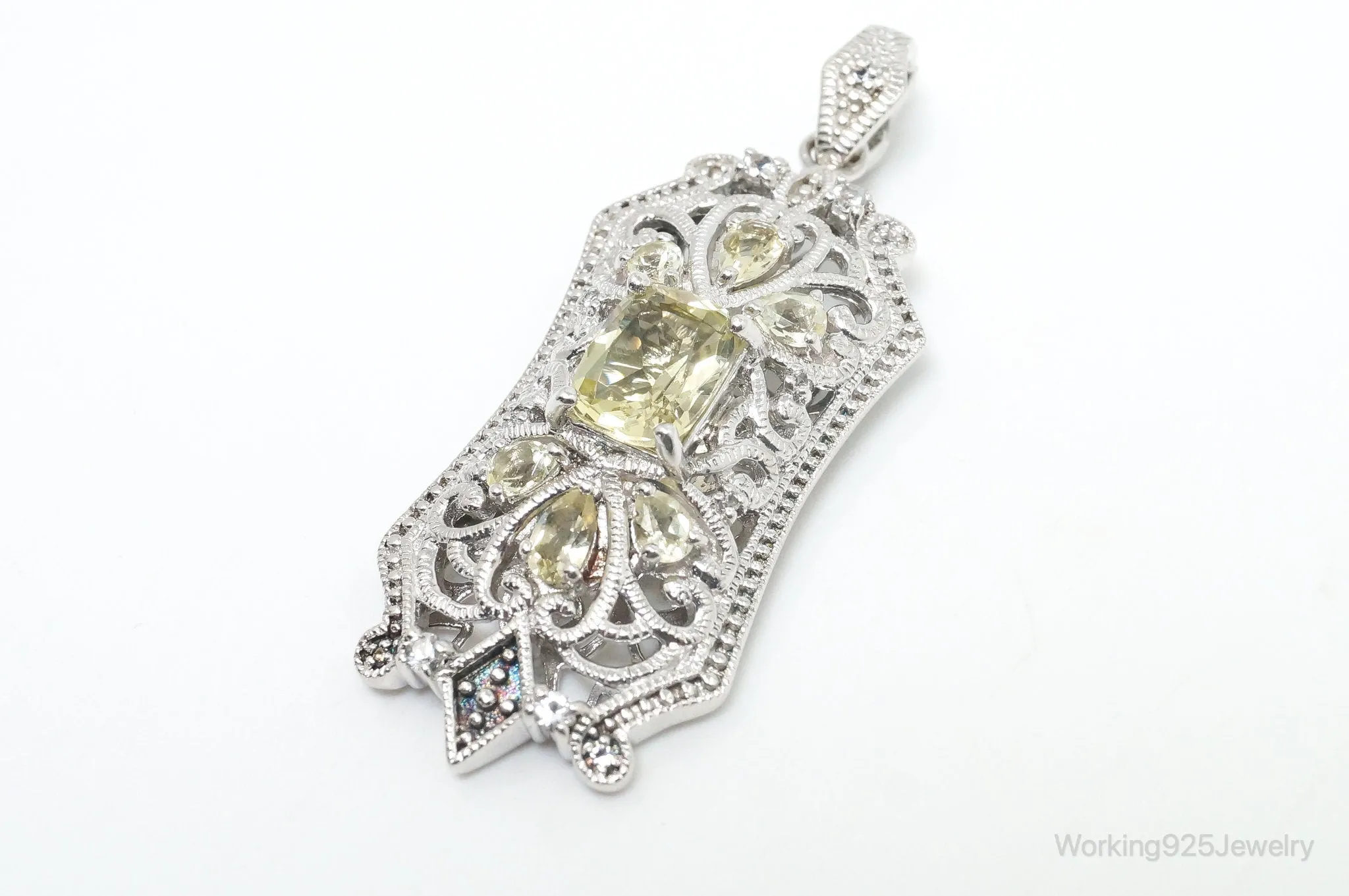 Vintage Art Deco Cubic Zirconia Peridot Sterling Silver Necklace Pendant