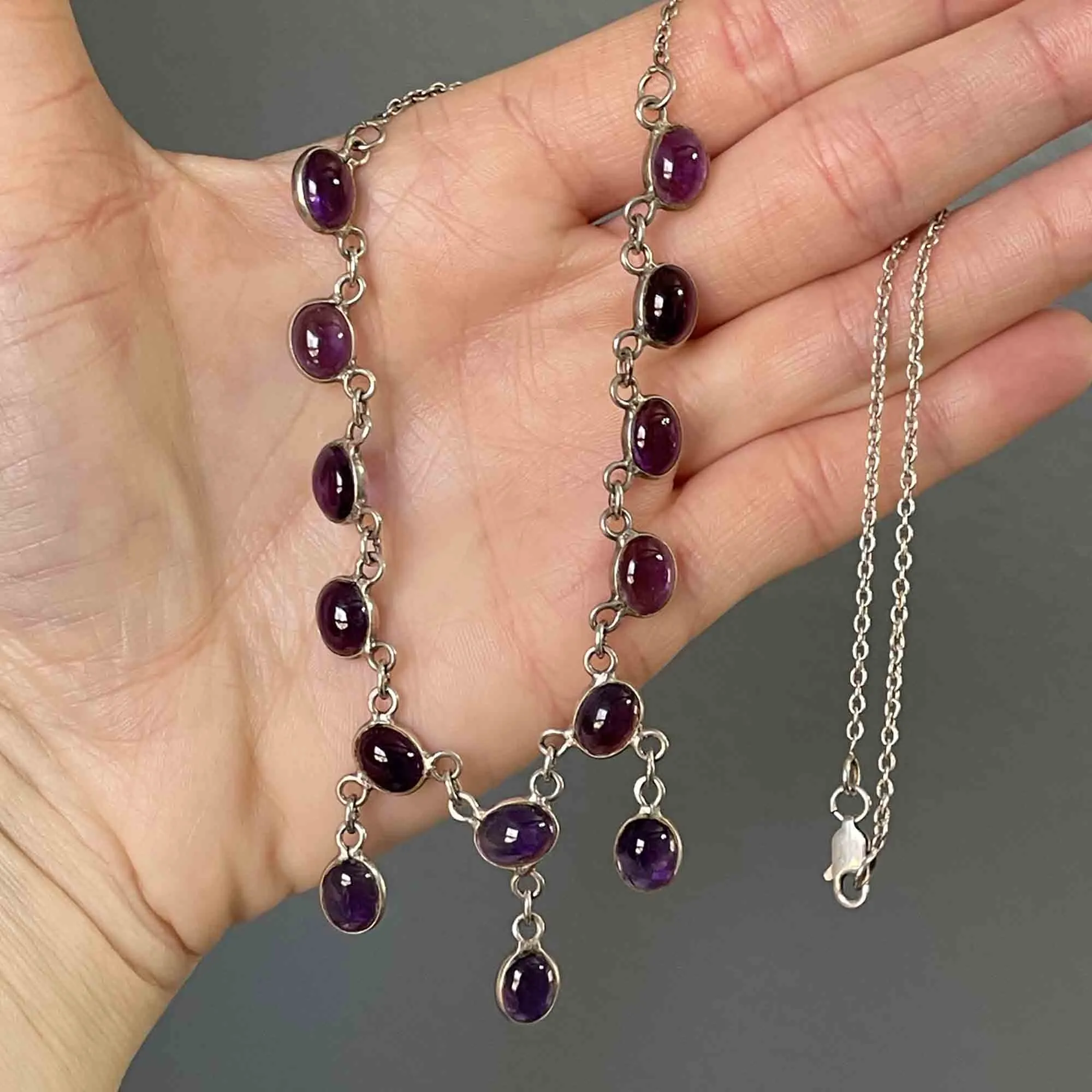 Vintage Art Deco Style Amethyst Cabochon Drop Necklace