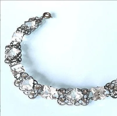 Vintage bracelet, Art Deco paste rhinestone and open backed princess cut crystal geometric silver tone filigree cocktail bracelet