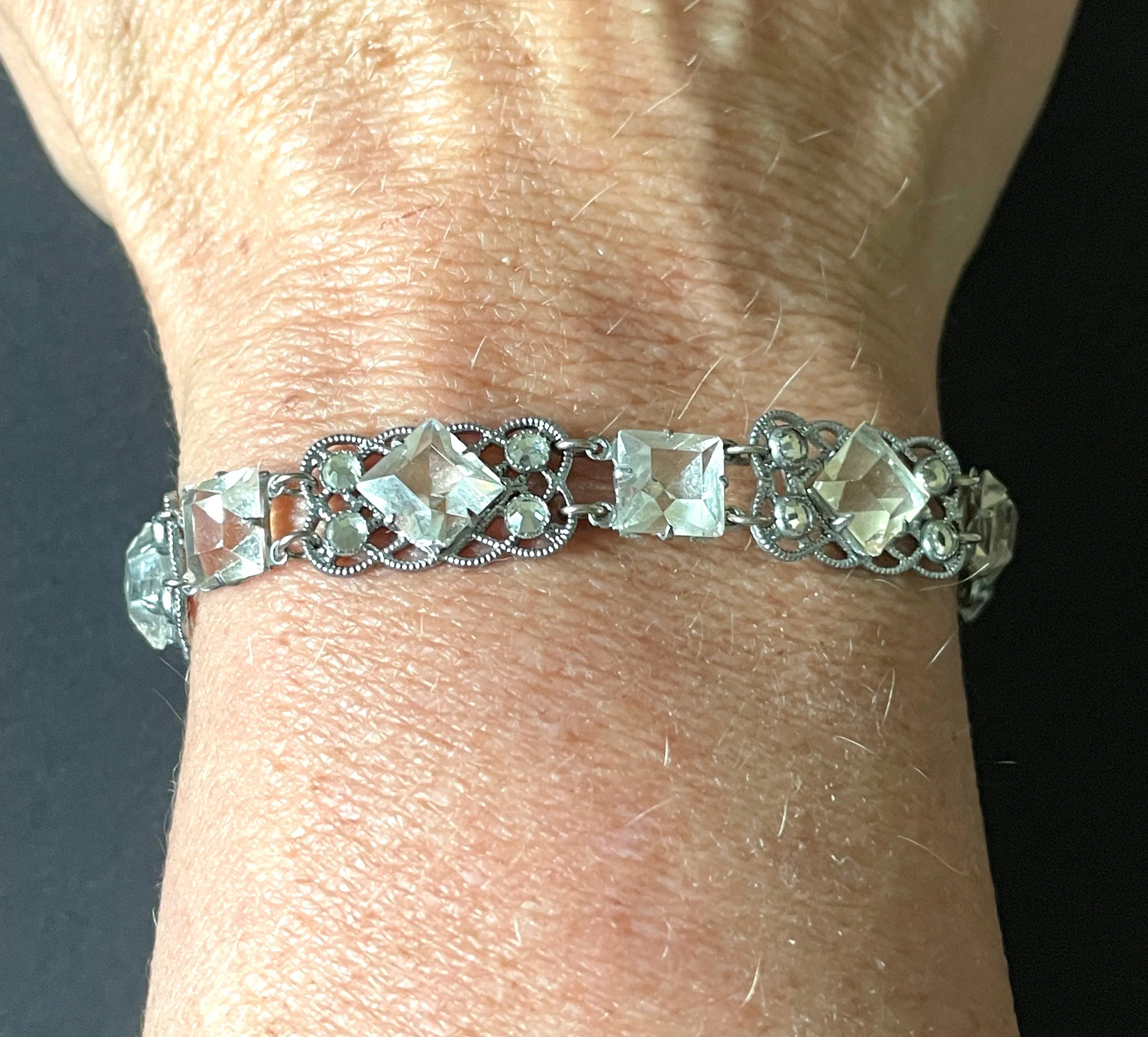 Vintage bracelet, Art Deco paste rhinestone and open backed princess cut crystal geometric silver tone filigree cocktail bracelet