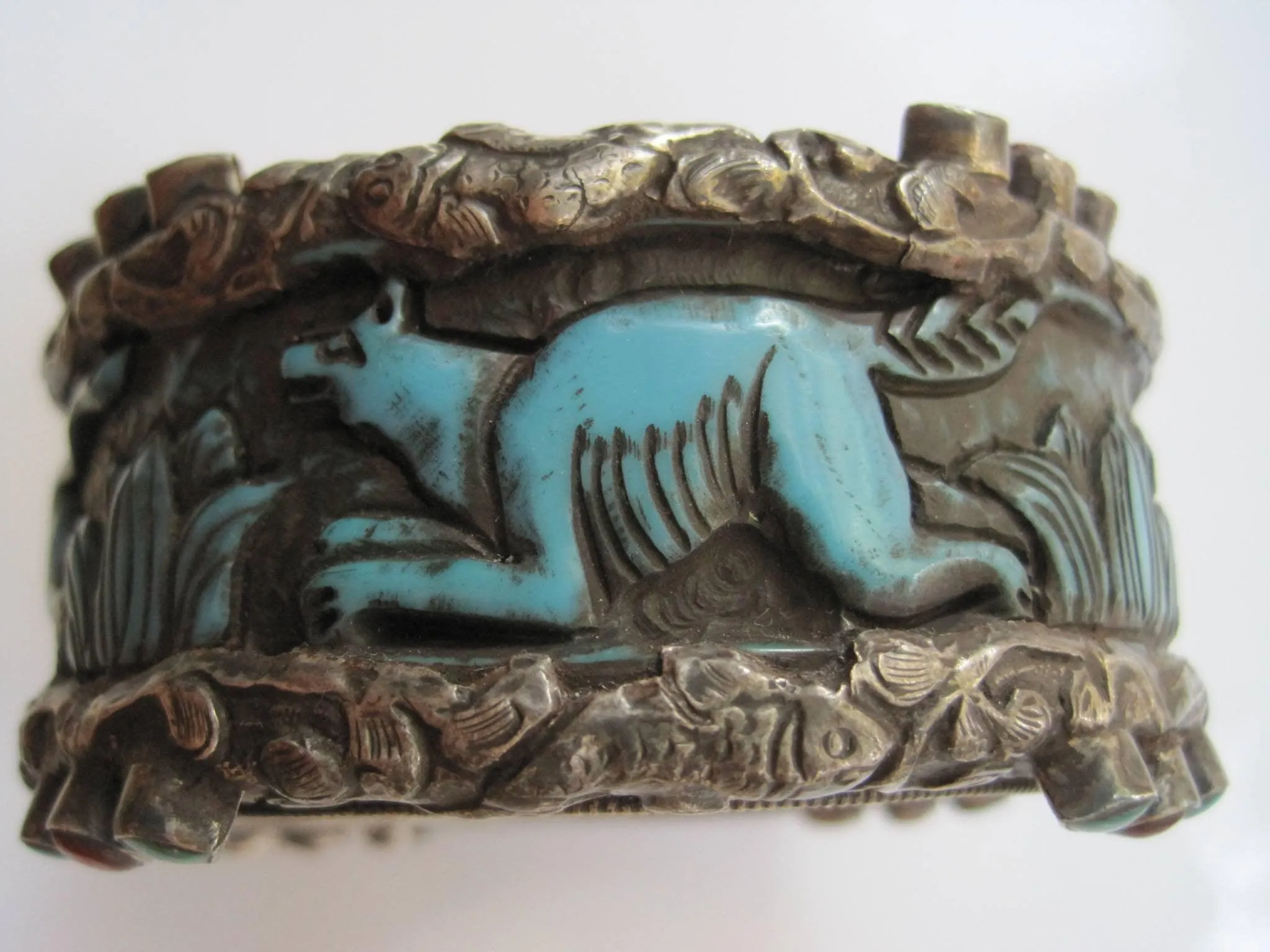 Vintage Carved Animal Blue Resin Bracelet from Nepal or Tibet with Silver Overlay