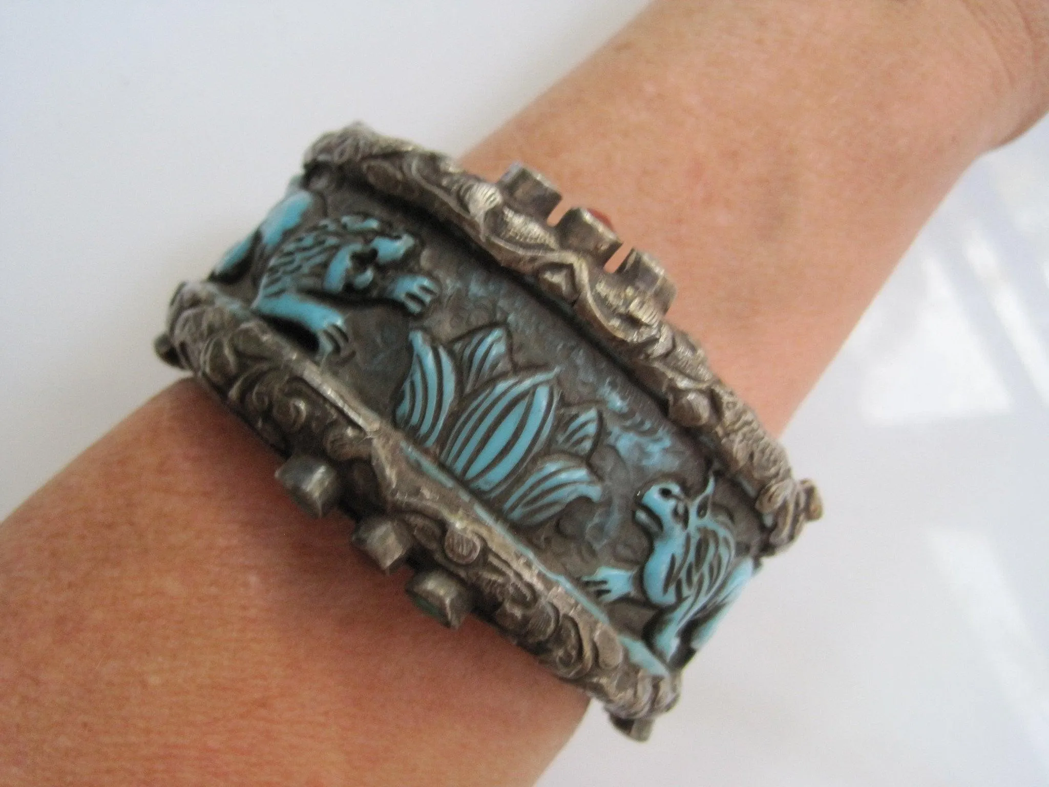 Vintage Carved Animal Blue Resin Bracelet from Nepal or Tibet with Silver Overlay