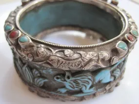 Vintage Carved Animal Blue Resin Bracelet from Nepal or Tibet with Silver Overlay