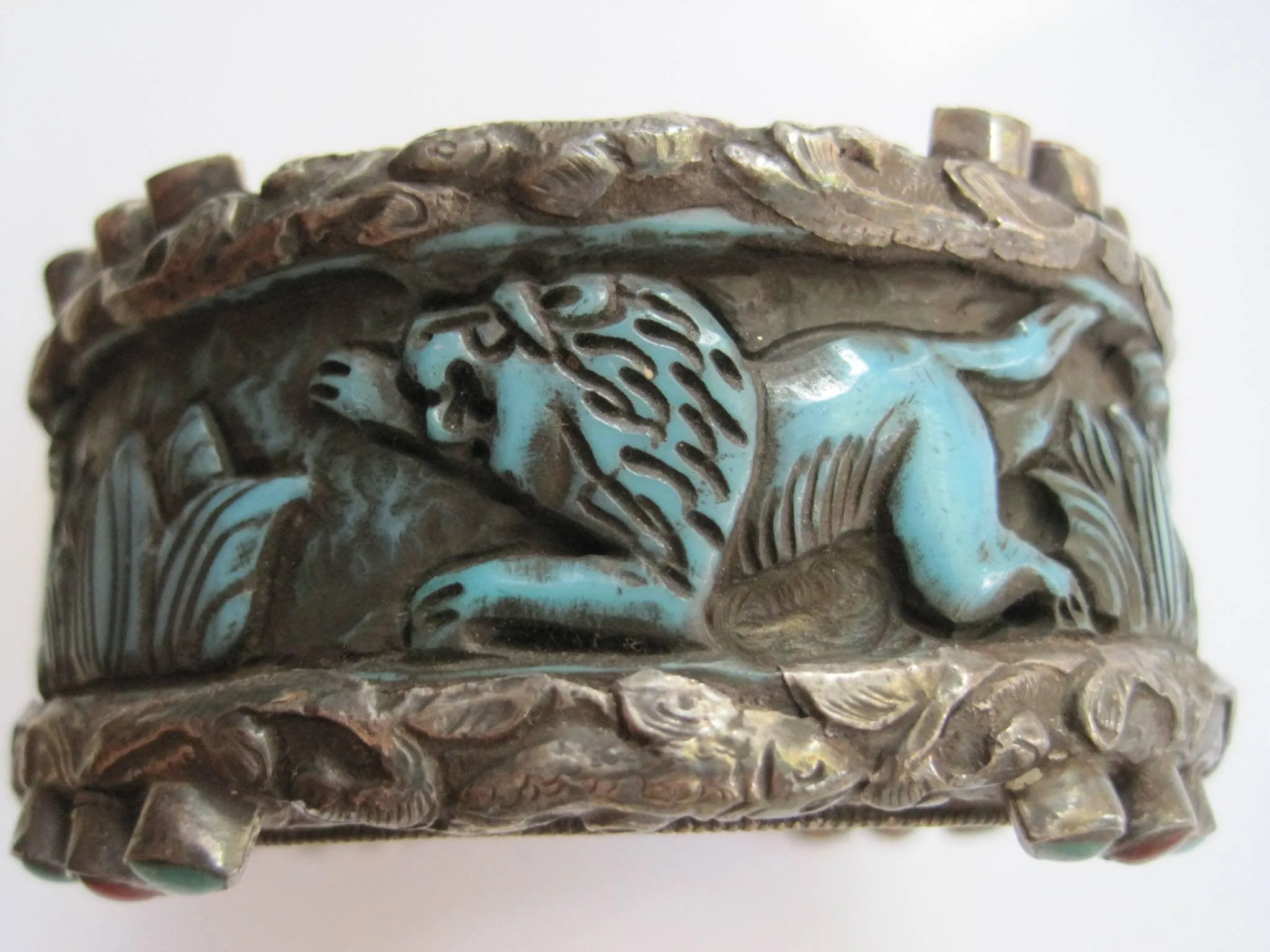 Vintage Carved Animal Blue Resin Bracelet from Nepal or Tibet with Silver Overlay