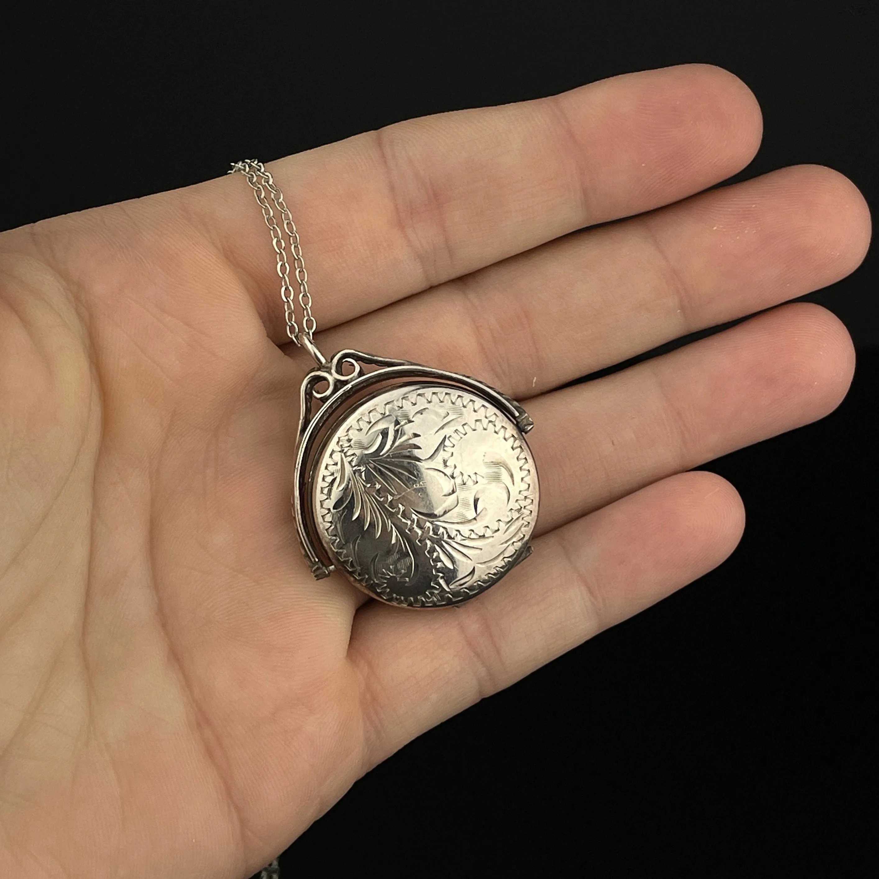 Vintage Engraved Leaf Sterling Silver Swivel Locket Necklace