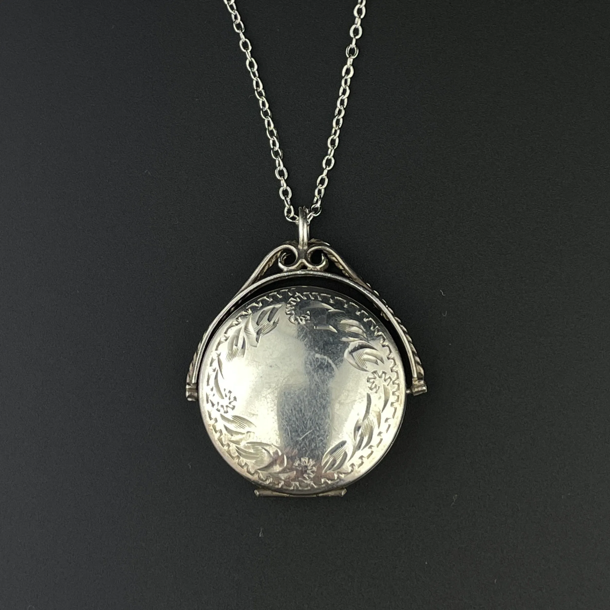 Vintage Engraved Leaf Sterling Silver Swivel Locket Necklace