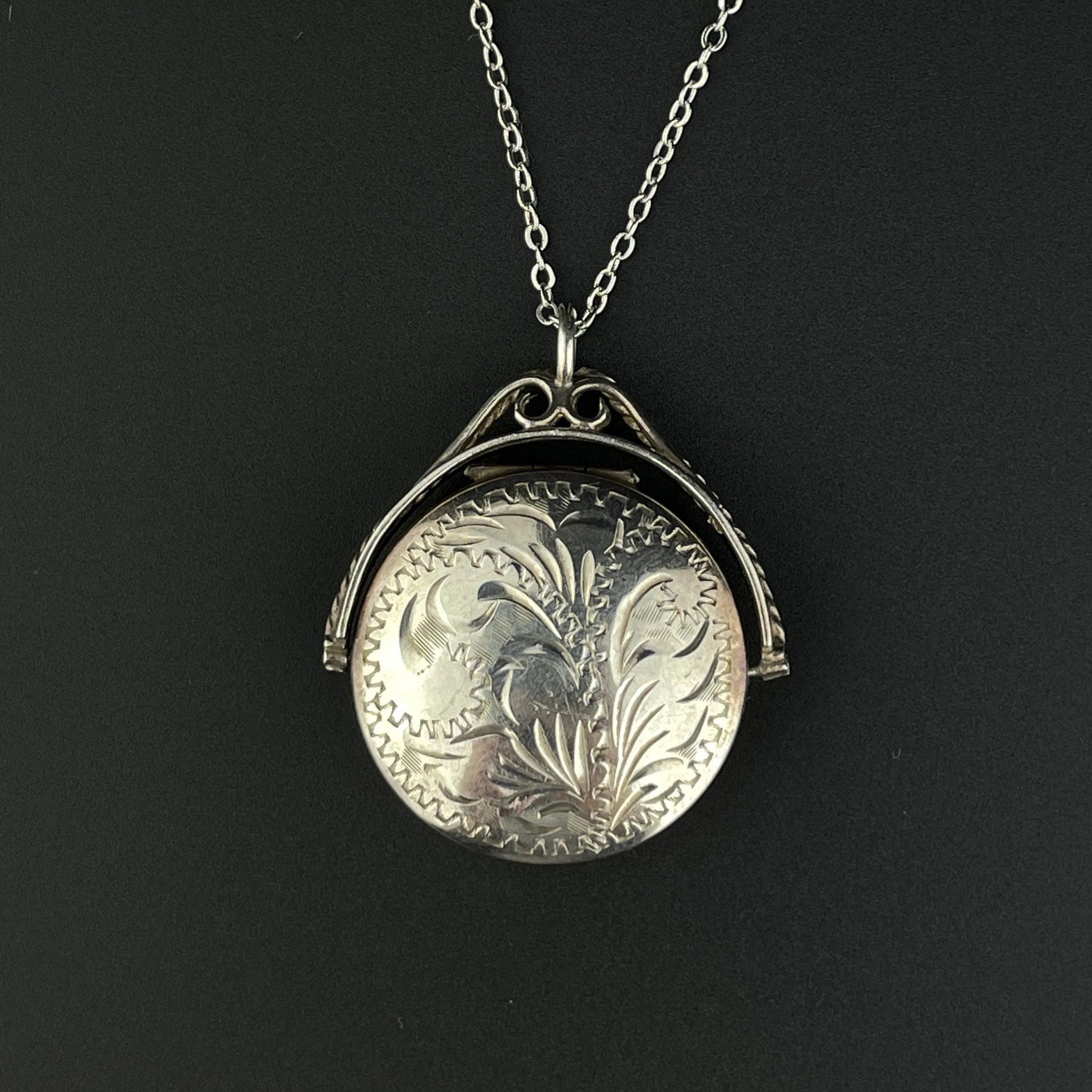 Vintage Engraved Leaf Sterling Silver Swivel Locket Necklace