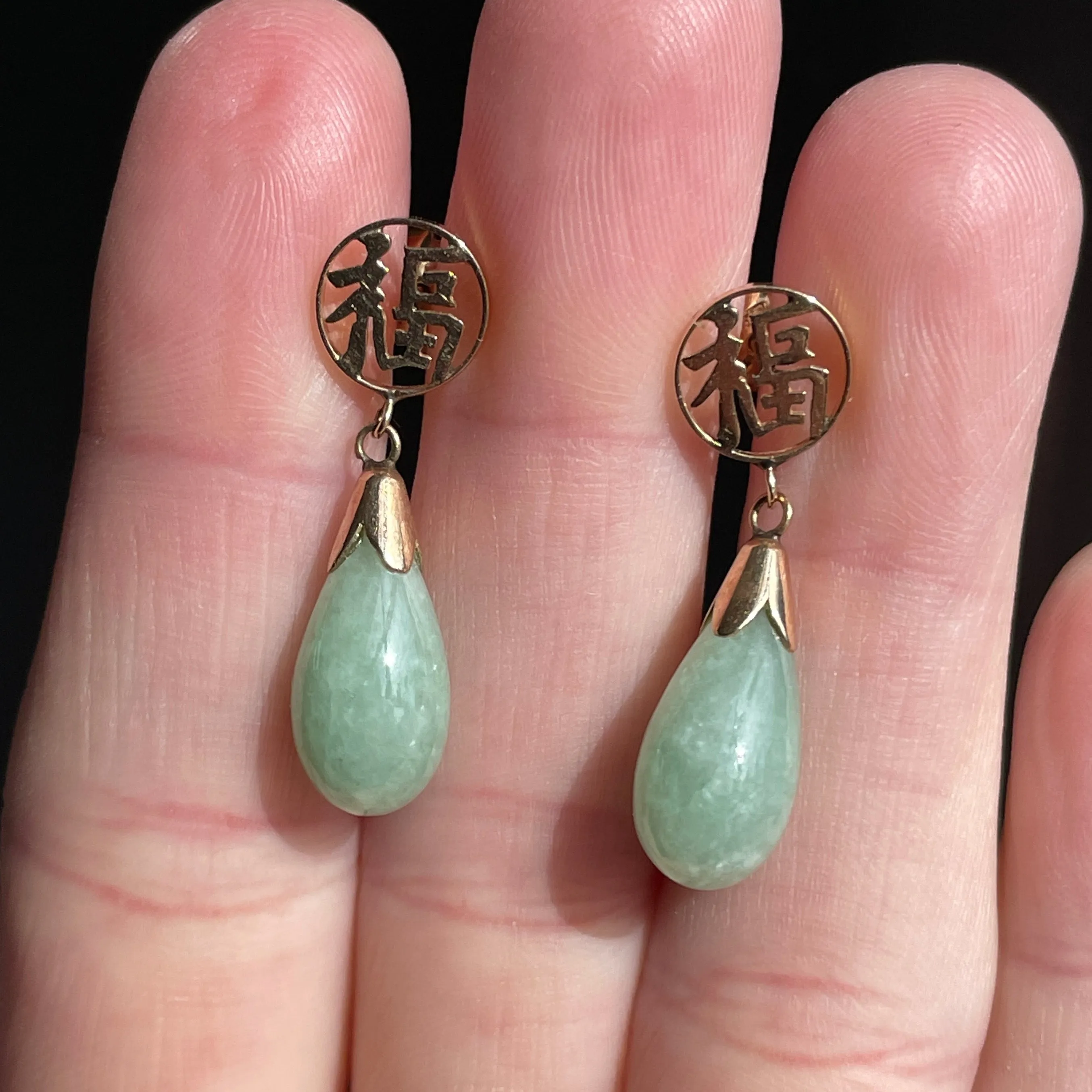 Vintage Jade Teardrop 14K Gold Symbol Earrings