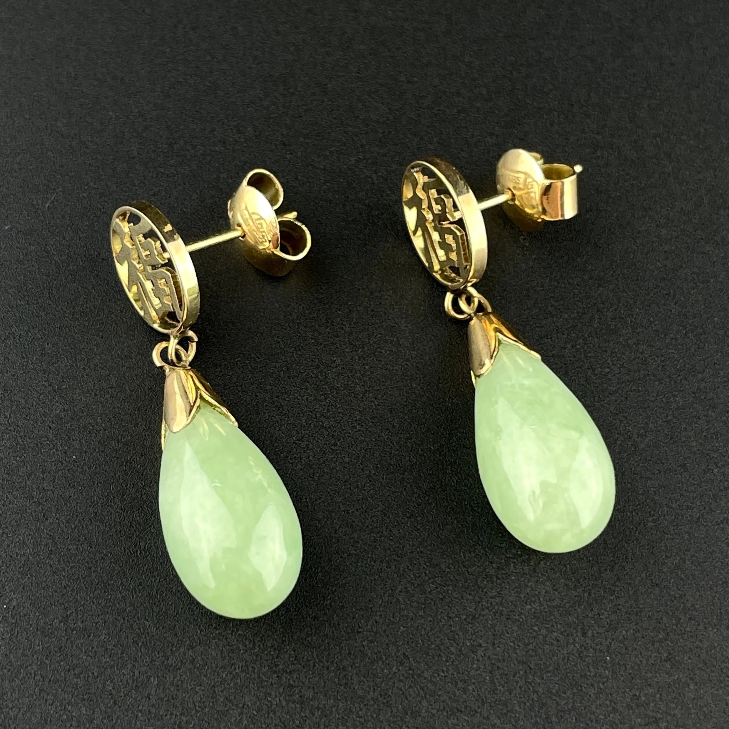 Vintage Jade Teardrop 14K Gold Symbol Earrings