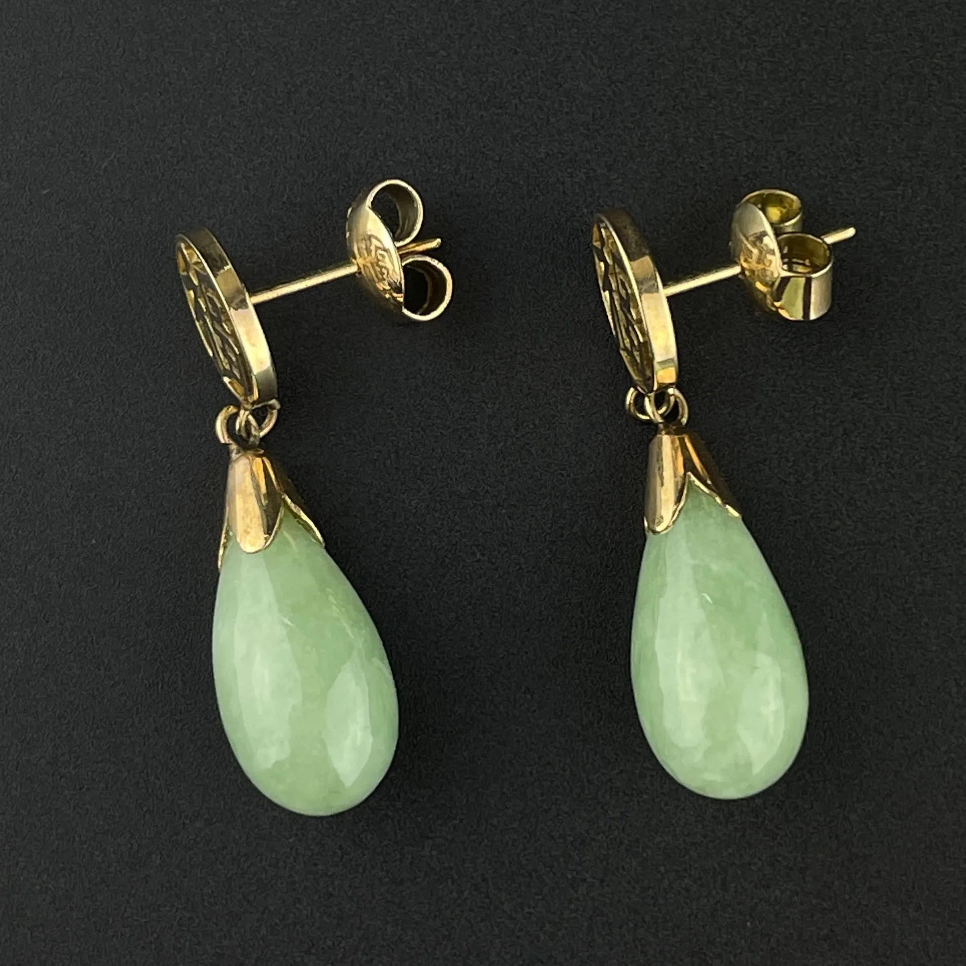 Vintage Jade Teardrop 14K Gold Symbol Earrings