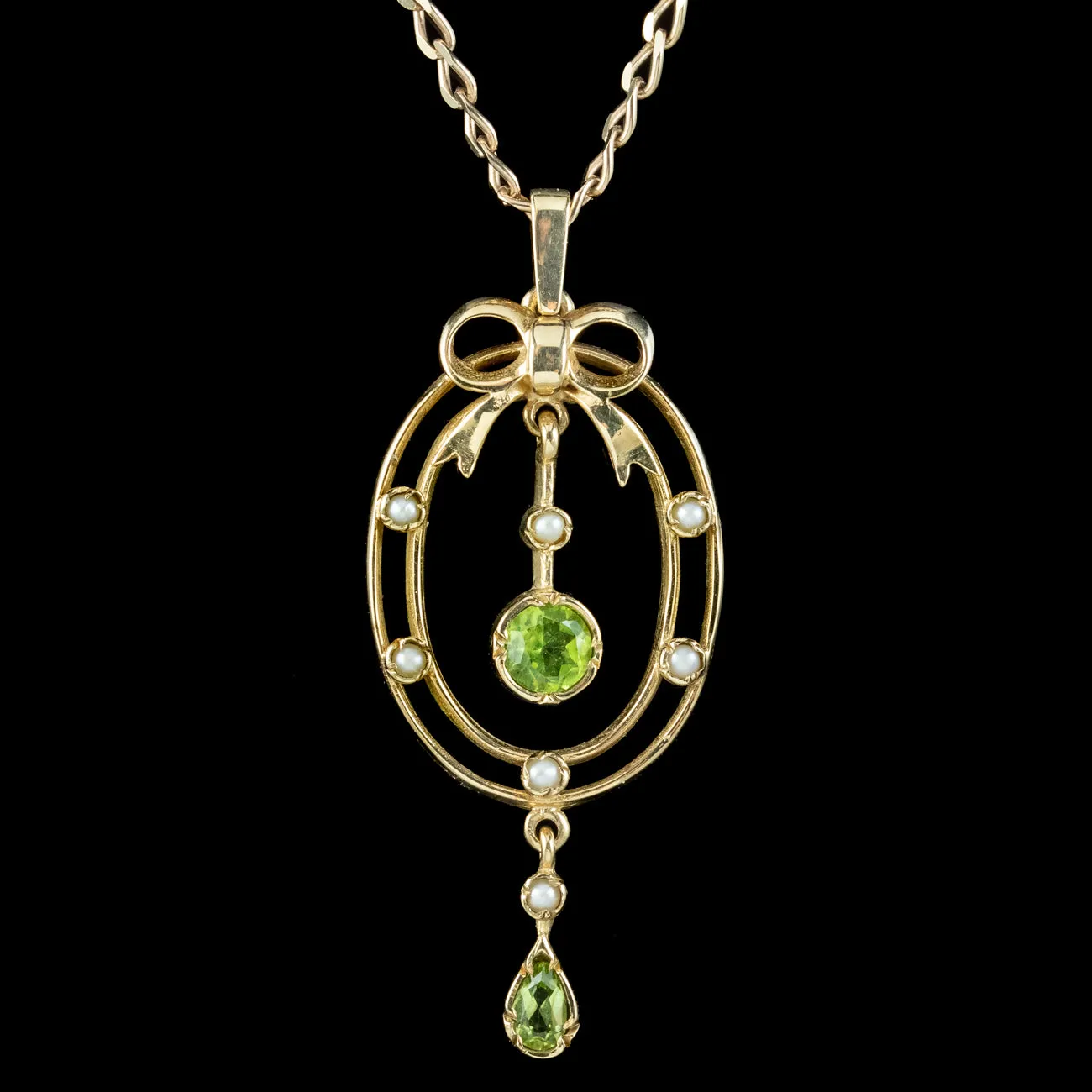 Vintage Peridot Pearl Pendant Necklace 9ct Gold