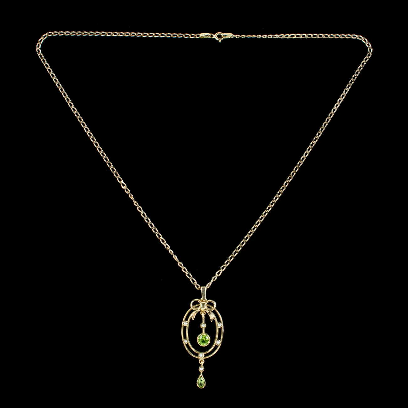 Vintage Peridot Pearl Pendant Necklace 9ct Gold