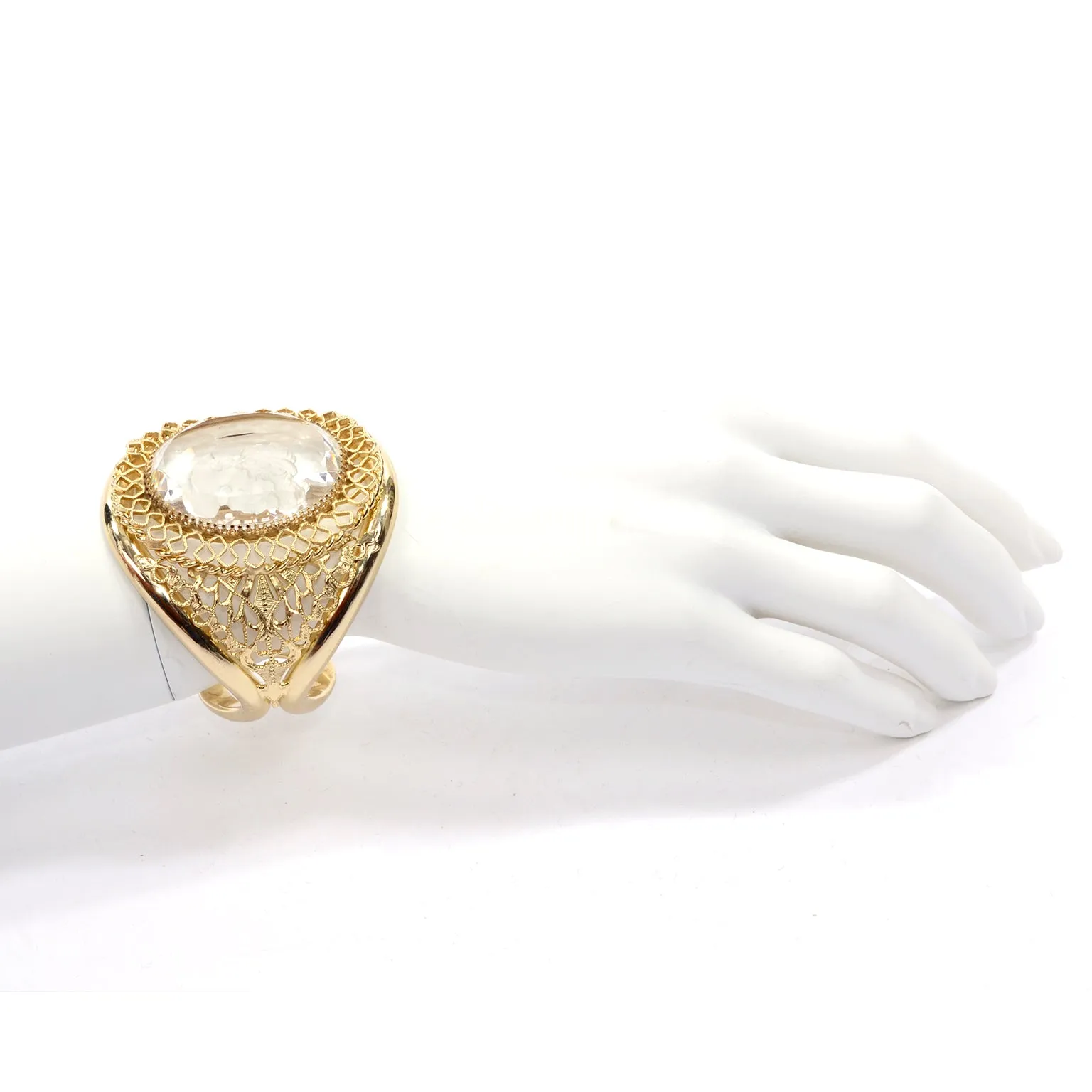 Whiting & Davis Vintage Clear Cameo Gold Clamper Bracelet