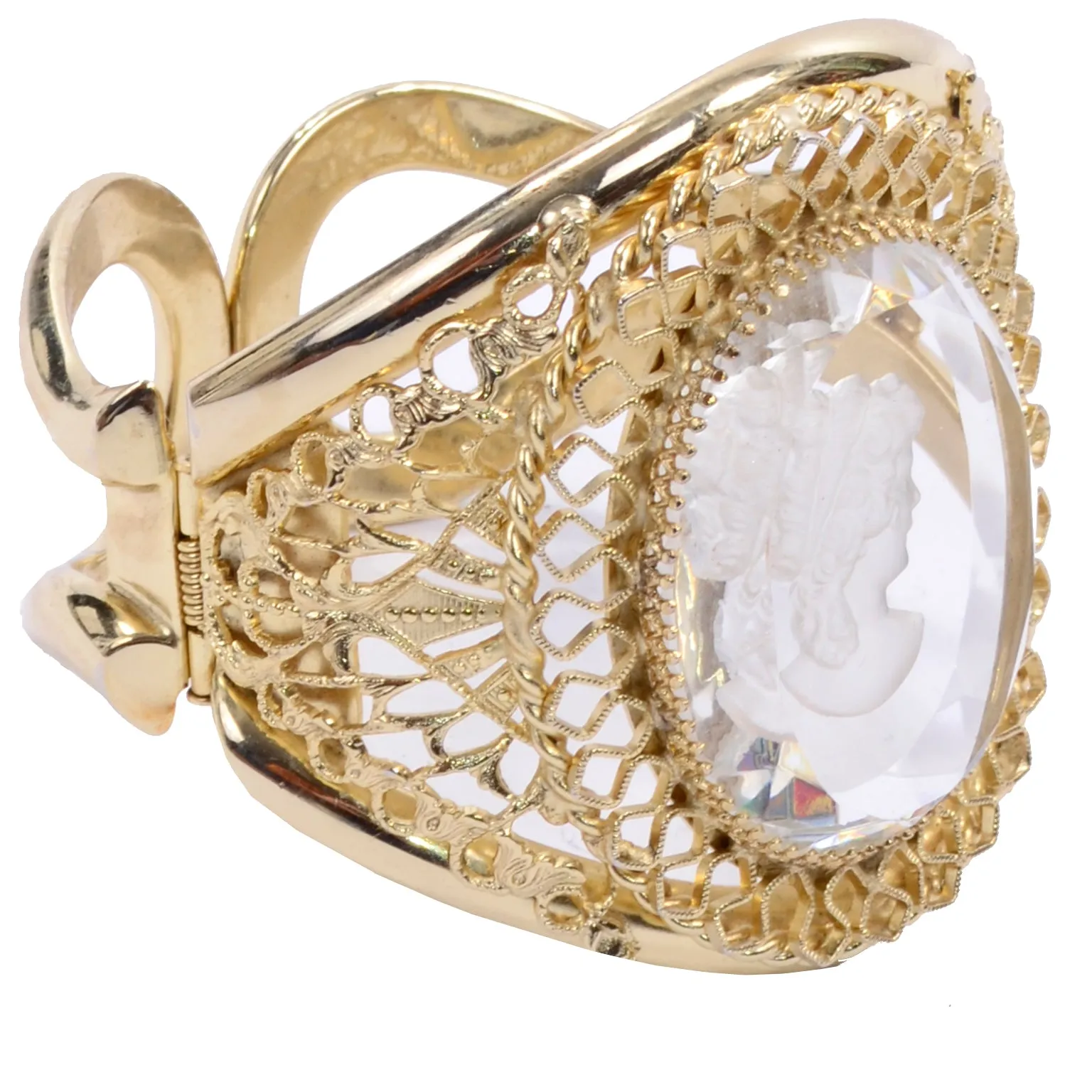 Whiting & Davis Vintage Clear Cameo Gold Clamper Bracelet