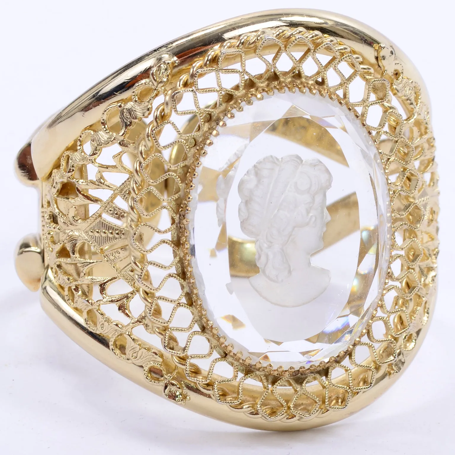 Whiting & Davis Vintage Clear Cameo Gold Clamper Bracelet