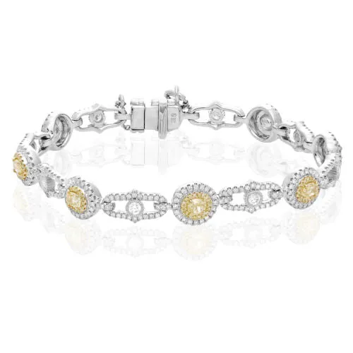 WIDE 4.02CT WHITE & FANCY YELLOW DIAMOND 18K 2TONE GOLD FILIGREE TENNIS BRACELET