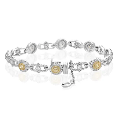 WIDE 4.02CT WHITE & FANCY YELLOW DIAMOND 18K 2TONE GOLD FILIGREE TENNIS BRACELET