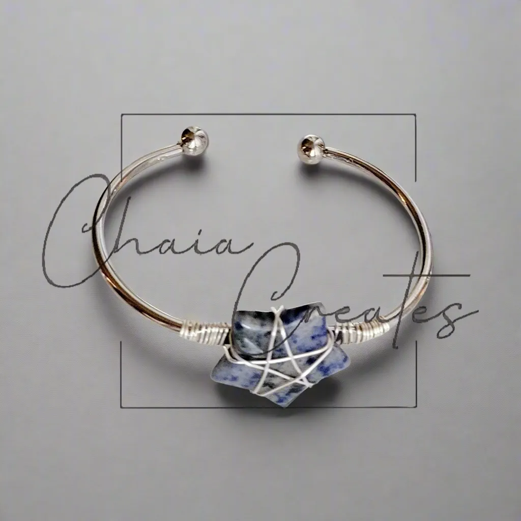 Wire Wrapped Sodalite Stone Star Silver Bangle Bracelet