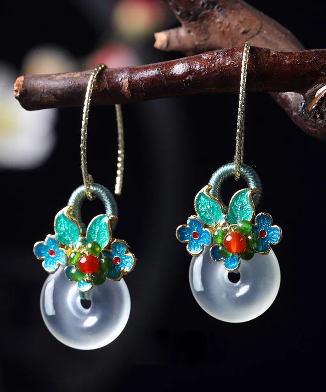 Women Green Jade Agate Cloisonne Floral Drop Earrings