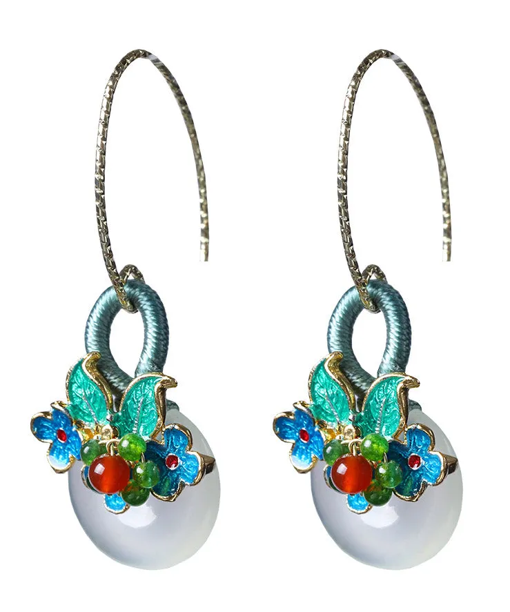 Women Green Jade Agate Cloisonne Floral Drop Earrings